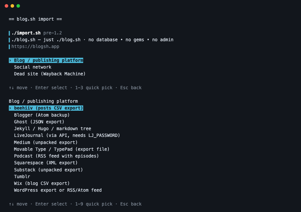 The import wizard: three groups, with the blog platforms expanded