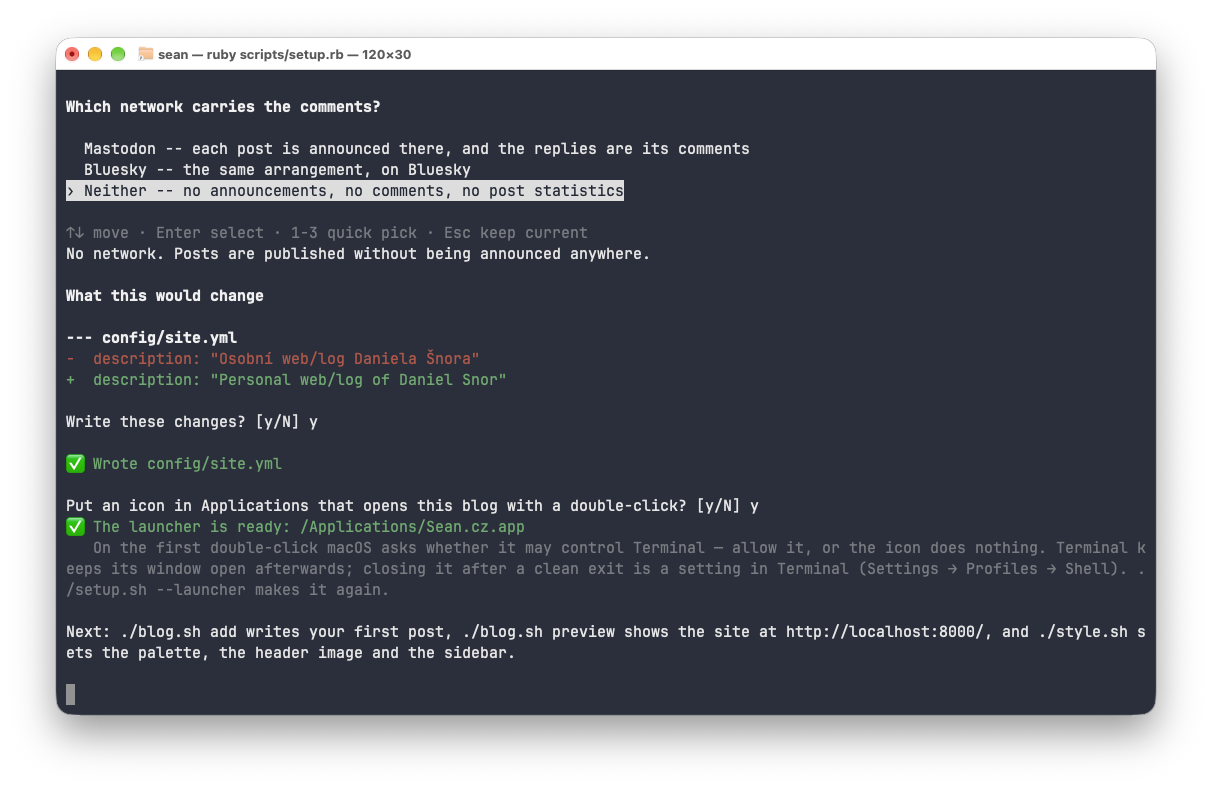 Terminal at the end of ./setup.sh: the launcher question answered y, then "The launcher is ready: /Applications/Sean.cz.app" and the note about the first double-click.