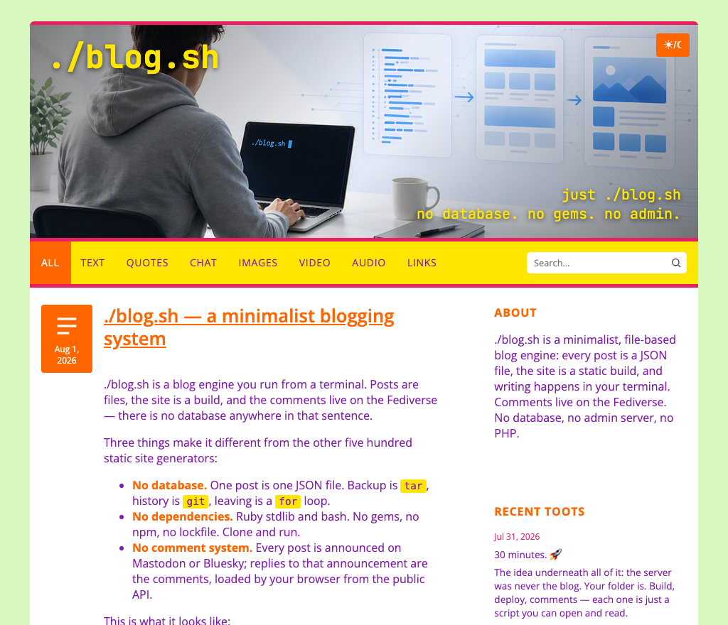 Homepage in a deliberately hideous palette
