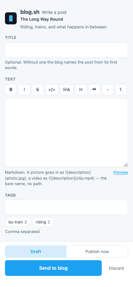 The writing page at /write/ on a phone, with the text, tags and the Send button